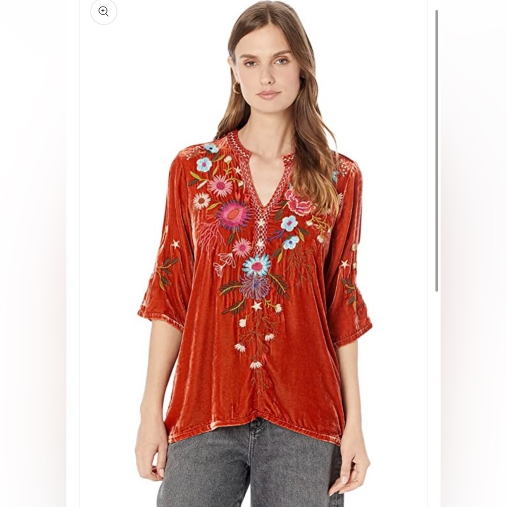 $340 JOHNNY WAS Ulla Persimmon Velvet Silk Floral Embroidered V-Neck Blouse L
